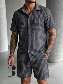 SLATEMANN Men's Vacation Casual Striped Shirt And Shorts Set - Black - View 5