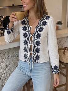 Serisse 女款秋季法式紋理刺繡綁腰休閒百搭日常長袖襯衫，外出上衣，可愛度假襯衫 - 白色 - 查看 6