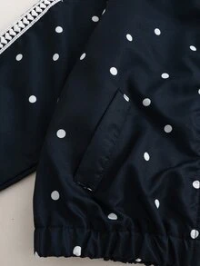 SHEIN Genkimix Kids 2件組女童幼兒秋冬防風夾克套裝，學院風波點蝴蝶結刺繡休閒時尚愛心裝飾立領拉鍊外套褲，白色 - 藏蓝色 - 查看 6