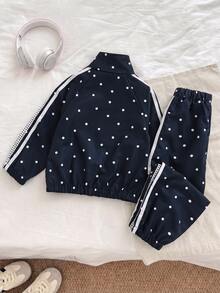 SHEIN Genkimix Kids 2件組女童幼兒秋冬防風夾克套裝，學院風波點蝴蝶結刺繡休閒時尚愛心裝飾立領拉鍊外套褲，白色 - 藏蓝色 - 查看 2