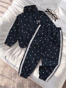 SHEIN Genkimix Kids 2件組女童幼兒秋冬防風夾克套裝，學院風波點蝴蝶結刺繡休閒時尚愛心裝飾立領拉鍊外套褲，白色 - 藏蓝色 - 查看 4