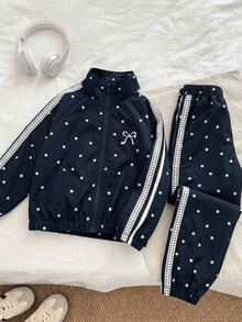 SHEIN Genkimix Kids 2件組女童幼兒秋冬防風夾克套裝，學院風波點蝴蝶結刺繡休閒時尚愛心裝飾立領拉鍊外套褲，白色 - 藏蓝色 - 查看 1