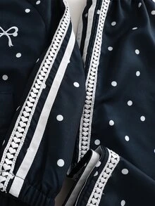 SHEIN Genkimix Kids 2件組女童幼兒秋冬防風夾克套裝，學院風波點蝴蝶結刺繡休閒時尚愛心裝飾立領拉鍊外套褲，白色 - 藏蓝色 - 查看 7