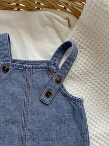SHEIN 2件組嬰兒男童女童夏季牛仔吊帶短褲與漁夫帽套裝，休閒度假穿搭，適合戶外、海灘、旅行 - 藍色 - 查看 6