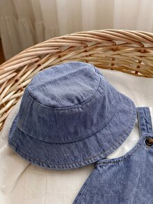 SHEIN 2件組嬰兒男童女童夏季牛仔吊帶短褲與漁夫帽套裝，休閒度假穿搭，適合戶外、海灘、旅行 - 藍色 - 查看 5