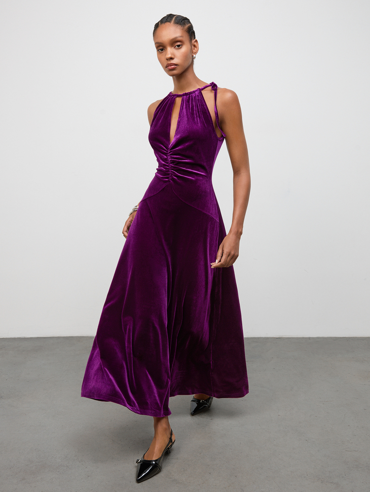 Maija Ruched Front Cut Out Velvet Halter Dress - Mauve Purple - View 7