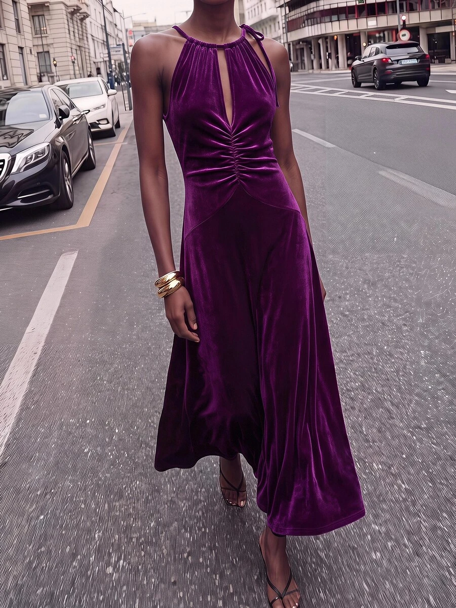 Maija Ruched Front Cut Out Velvet Halter Dress - Mauve Purple - View 1