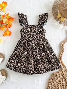 SHEIN Vestido casual para niña con cuello cuadrado, volantes en el bajo y estampado de leopardo tejido - Multicolor - Ver 3