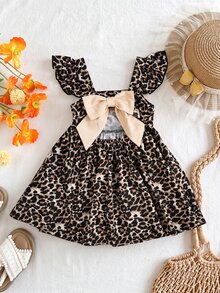 SHEIN Vestido casual para niña con cuello cuadrado, volantes en el bajo y estampado de leopardo tejido - Multicolor - Ver 2