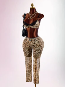 Amplova Leopard Print Lace 2 Pieces Bra And Low Waist Tight Leggings Set For Women - Brown - View 7