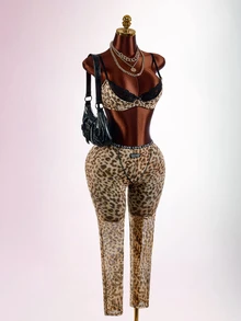 Amplova Leopard Print Lace 2 Pieces Bra And Low Waist Tight Leggings Set For Women - Brown - View 8
