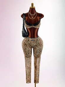 Amplova Leopard Print Lace 2 Pieces Bra And Low Waist Tight Leggings Set For Women - Brown - View 1