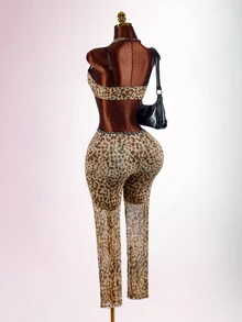 Amplova Leopard Print Lace 2 Pieces Bra And Low Waist Tight Leggings Set For Women - Brown - View 12