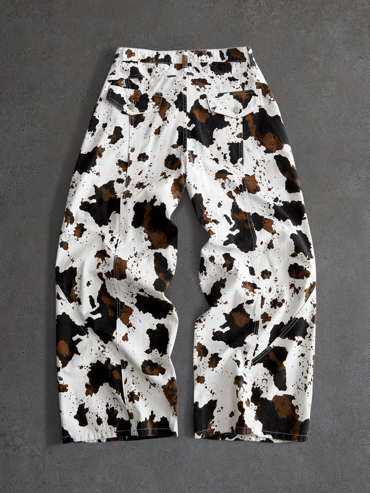 ROMWE MEN Street Life Men's Cow Print Loose Wide Leg Denim Jeans, Brown & White Cowhide Print Casual Denim Pants, Loose Fit Western Street Style Y2K Everyday Casual Jeans - White - View 2