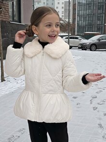 Hapijoa Young Girl Plush Patchwork Zipper Casual Versatile Winter Padded Coat - White - View 9