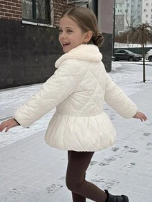 Hapijoa Young Girl Plush Patchwork Zipper Casual Versatile Winter Padded Coat - White - View 7