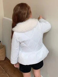 Hapijoa Young Girl Plush Patchwork Zipper Casual Versatile Winter Padded Coat - White - View 2