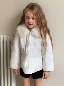 Hapijoa Young Girl Plush Patchwork Zipper Casual Versatile Winter Padded Coat - White - View 14