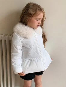 Hapijoa Young Girl Plush Patchwork Zipper Casual Versatile Winter Padded Coat - White - View 5