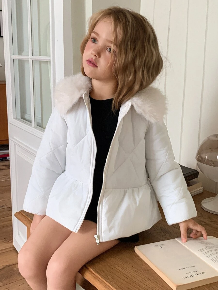 Hapijoa Young Girl Plush Patchwork Zipper Casual Versatile Winter Padded Coat - White - View 1
