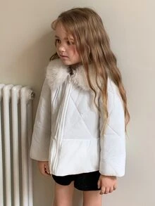 Hapijoa Young Girl Plush Patchwork Zipper Casual Versatile Winter Padded Coat - White - View 3