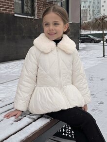 Hapijoa Young Girl Plush Patchwork Zipper Casual Versatile Winter Padded Coat - White - View 12
