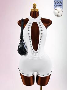 Amplova 女款街頭風鉚釘露背性感連身褲 - 白色 - 查看 9