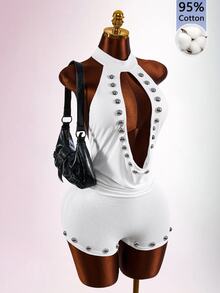 Amplova 女款街頭風鉚釘露背性感連身褲 - 白色 - 查看 4