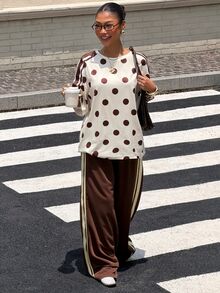 Muchica 女款復古休閒米色巧克力棕圓領T恤與拼色寬鬆長褲運動套裝，適合早午餐與夏季 - 彩色 - 查看 6