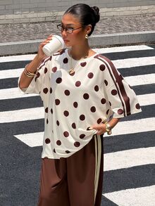 Muchica 女款復古休閒米色巧克力棕圓領T恤與拼色寬鬆長褲運動套裝，適合早午餐與夏季 - 彩色 - 查看 4