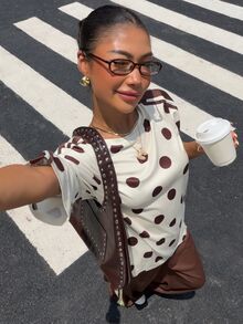 Muchica 女款復古休閒米色巧克力棕圓領T恤與拼色寬鬆長褲運動套裝，適合早午餐與夏季 - 彩色 - 查看 5