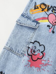 SHEIN 青少年女孩牛仔工裝寬腿牛仔褲，藍色夏季街頭風 Y2K 度假返校款，粉色愛心英文印花，彈性腰帶，寬鬆版型，附口袋 - 淺色水洗藍 - 查看 6