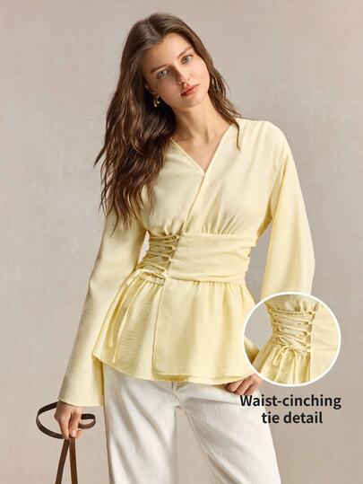 BizChic Camisa de mujer de una pieza amarilla con amarre lateral, cintura ceñida y bajo con volantes, estilo francés, elegante para oficina, trabajo, negocios, formal, Halloween, vacaciones, urbano, casual, cita, fiesta de cumpleaños, playa, estilo campestre, concierto, regreso a la escuela, iglesia, ocasión especial, invitada de boda, vintage, otoño/invierno