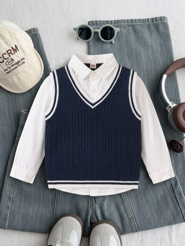 Boys (Small) Navy Blue Contrast Trim Sleeveless Vest, All-Match Versatile Campus Style, Suitable For Spring And Autumn, Pairs With Jeans And Cotton Jackets