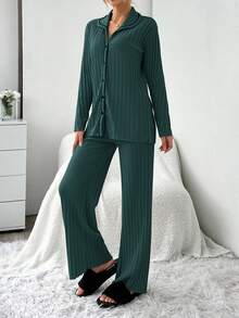 SHEIN 娇小码女士100%纯棉罗纹针织深绿色衬衫式纽扣条纹长袖衬衫和长裤家居舒适休闲两件套睡衣套装 - 墨綠色 - 查看 3