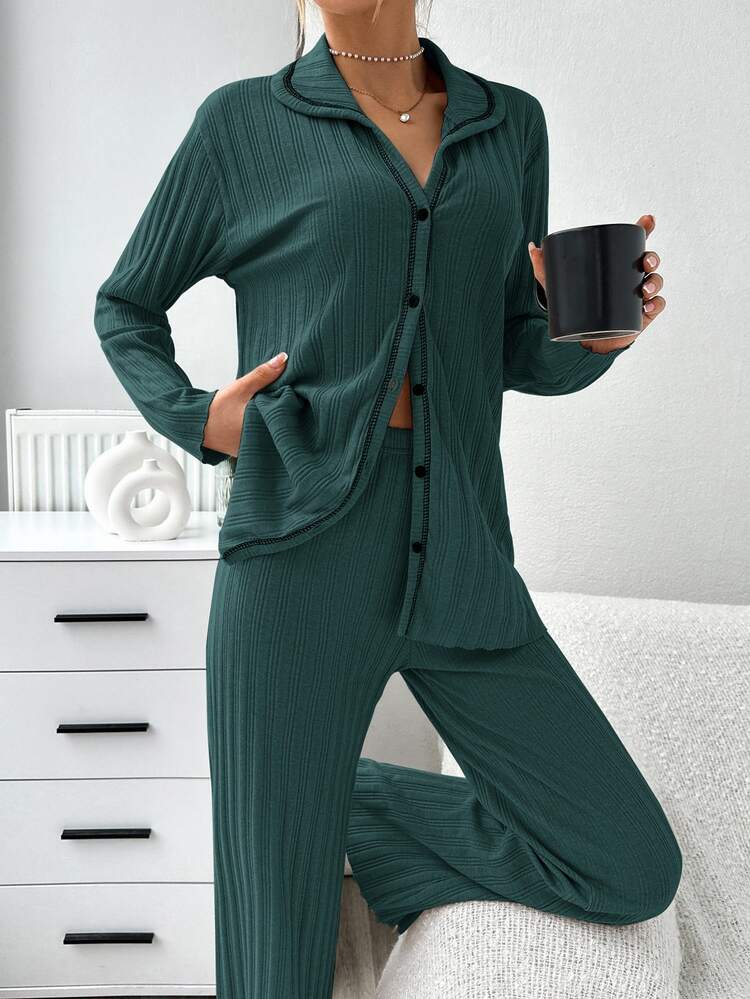 SHEIN PETITE SIZE Women 100%Cotton Rib-Knit Dark Green Shirt Style Buttoned Striped Long Sleeved Shirt &Lon Gpants Homewear Comfort Casual 2 Pieces Pajama Set For Ladies - Dark Green - View 5