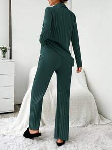 SHEIN 娇小码女士100%纯棉罗纹针织深绿色衬衫式纽扣条纹长袖衬衫和长裤家居舒适休闲两件套睡衣套装 - 墨綠色 - 查看 2