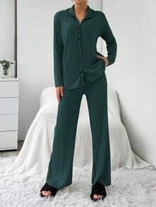 SHEIN 娇小码女士100%纯棉罗纹针织深绿色衬衫式纽扣条纹长袖衬衫和长裤家居舒适休闲两件套睡衣套装 - 墨綠色 - 查看 6