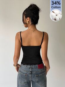 Aloruh 女款夏季休閒日常通勤極簡百搭純色對比蕾絲修身短版3件套棉質細肩帶背心上衣，百搭夏季2件套，女款休閒上衣，白色上衣，春季休閒背心，適合出遊、海邊度假、約會、浪漫優雅、節慶、音樂節、時尚 - 彩色 - 查看 4
