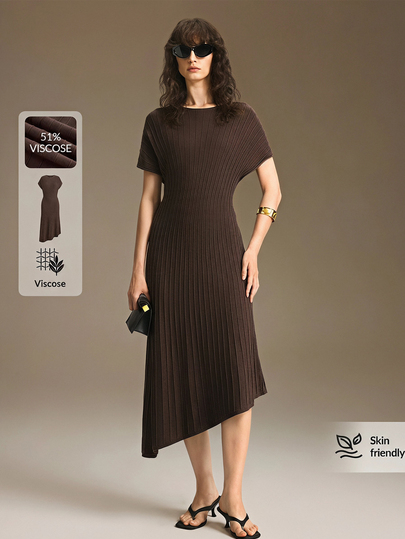 Ontre 2026 New Autumn Women's Sweater Dress, Fitted Waist, Shades Of Brown, Batwing Sleeves, Asymmetrical Hem, A-Line, Elegant, Brunch, Independence Day