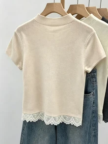 Franclia Women's Spring/Early Spring New Pullover Sweater Knit Top, Black And White Striped Colorblock Lace Patchwork Short Sleeve, Casual Versatile Korean French Style - Apricot - View 3