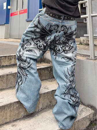 Street Life Fashionable Graphic Print Comfortable Versatile Men's Casual Denim Jeans