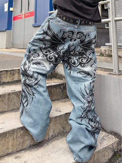 Street Life Fashionable Graphic Print Comfortable Versatile Men's Casual Denim Jeans