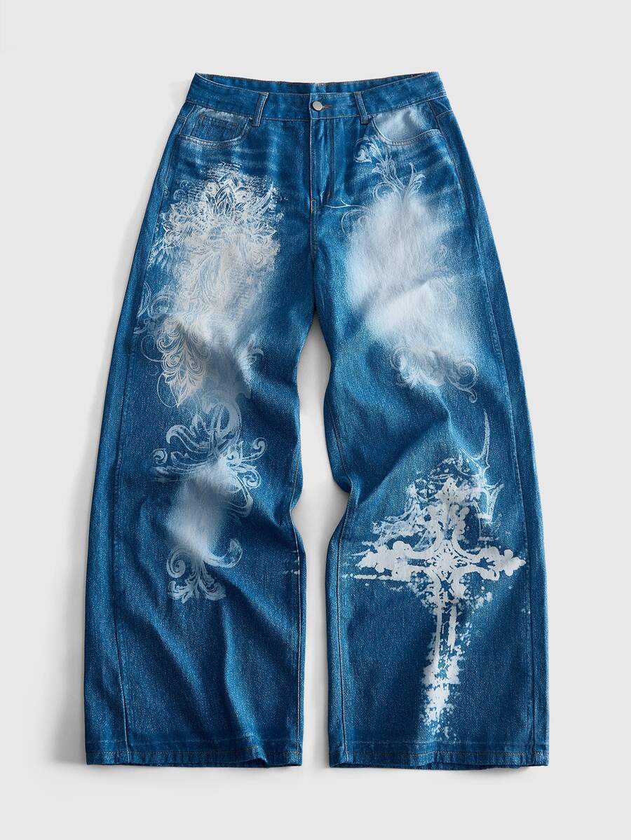 ROMWE MEN Men's Heavyweight Washed Printed Straight Leg Loose Fit Denim Jeans - Blue - View 1