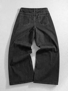 ROMWE MEN Street Life Men's Dragon Bone Pattern Pocket Wide Leg Loose Casual Denim Jeans - Black - View 2