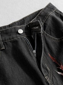 ROMWE MEN Street Life Men's Dragon Bone Pattern Pocket Wide Leg Loose Casual Denim Jeans - Black - View 3