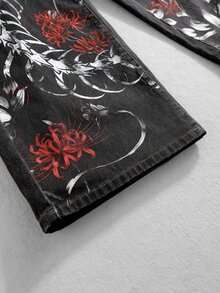 ROMWE MEN Street Life Men's Dragon Bone Pattern Pocket Wide Leg Loose Casual Denim Jeans - Black - View 7