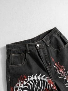 ROMWE MEN Street Life Men's Dragon Bone Pattern Pocket Wide Leg Loose Casual Denim Jeans - Black - View 4