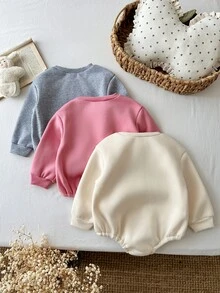SHEIN Baby Girl 3pcs Autumn/Winter Fuzzy Thermal Lined Knit Round Neck Long Sleeve Letter Print Bodysuit - Multicolor - View 3