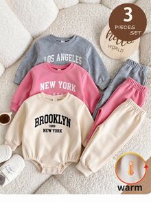 SHEIN Baby Girl 3pcs Autumn/Winter Fuzzy Thermal Lined Knit Round Neck Long Sleeve Letter Print Bodysuit - Multicolor - View 1